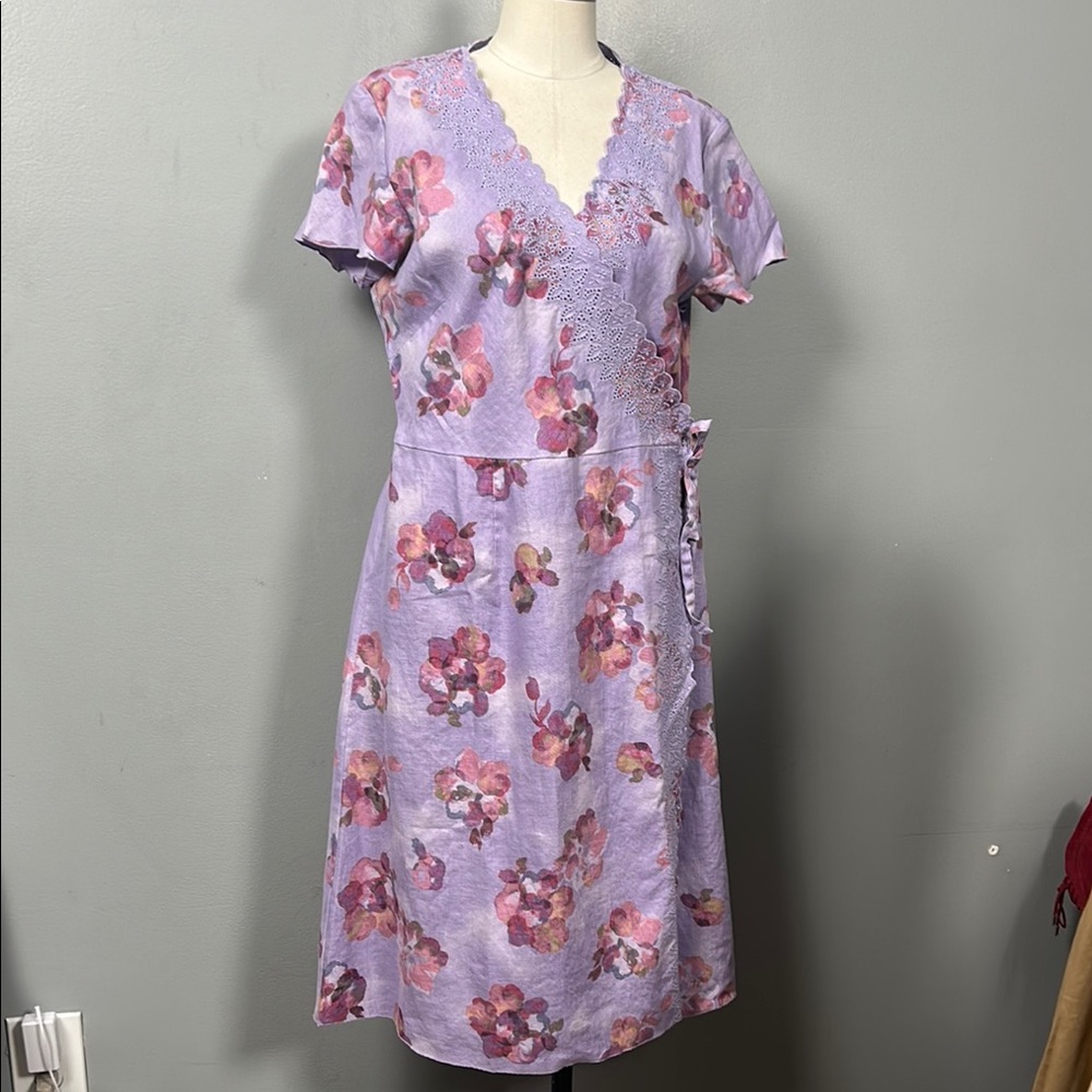 J Jill Dress Womens Sz 14 Purple Floral Linen Lace Wrap V neck Short Sleeve